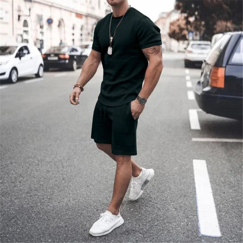 2025 Men's Summer 2PCS Casual Sportswear Suit Sets Solid Fitness Loose Tracksuit Sets Male Short Sleeved Shirts and Shorts Sets