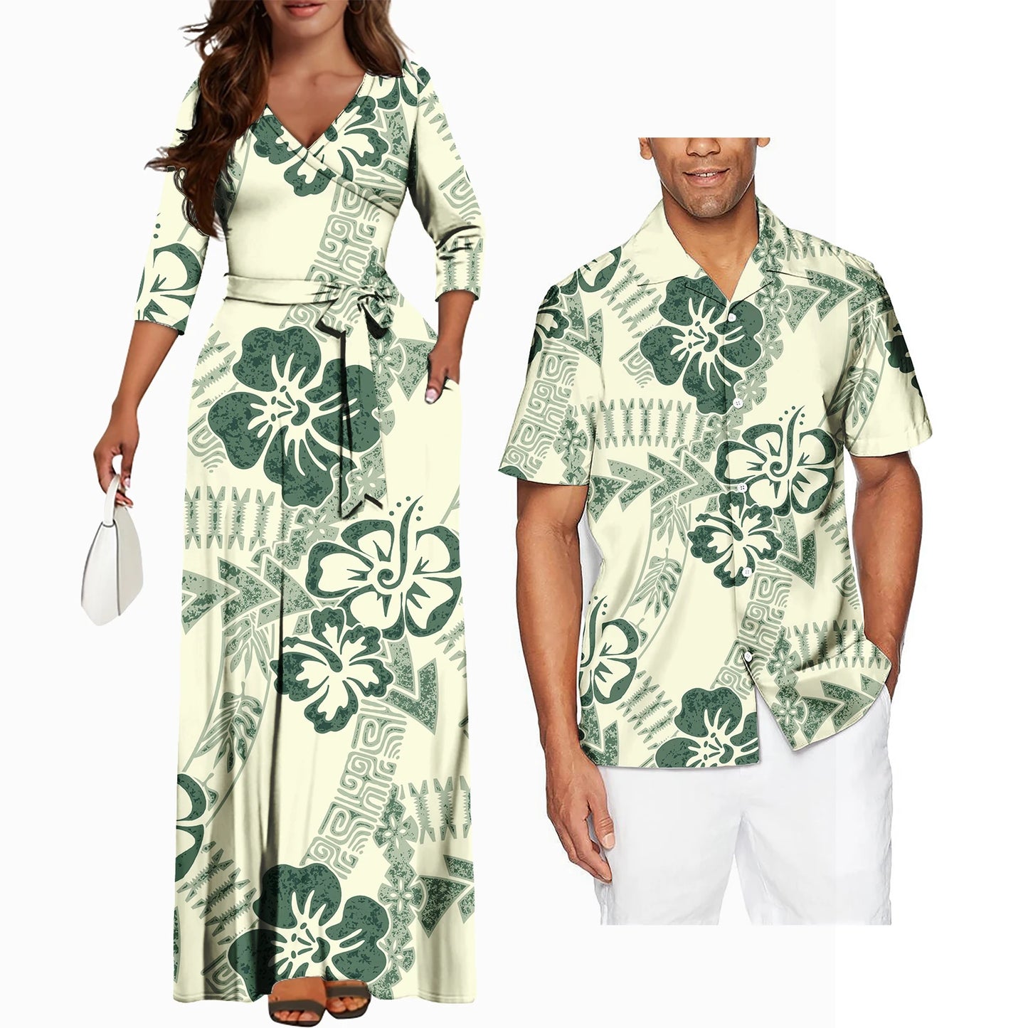 Polynesian Tribal Plumeria Couple Matching Outfits Summer Couple Outfit Set Casual Women Dresses Matching Men Shirt