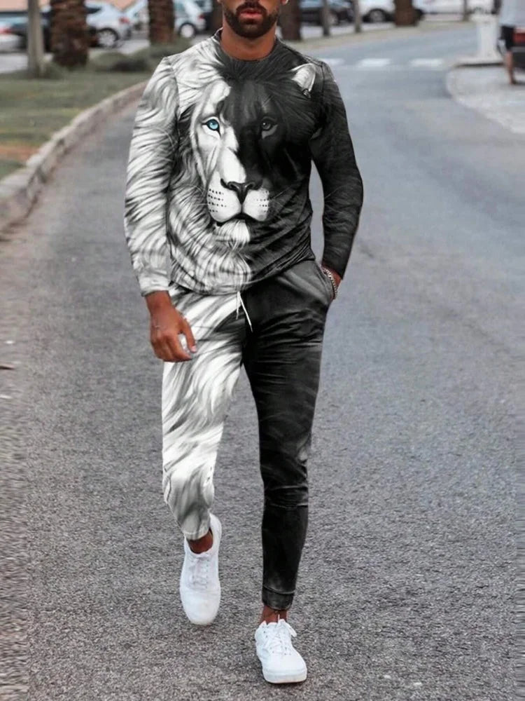 Simple Geometric Print Men's Fall Fashion Casual Crew-neck Tops And Pants Urban Street Fashion Trends Men's Tops And Long Styles