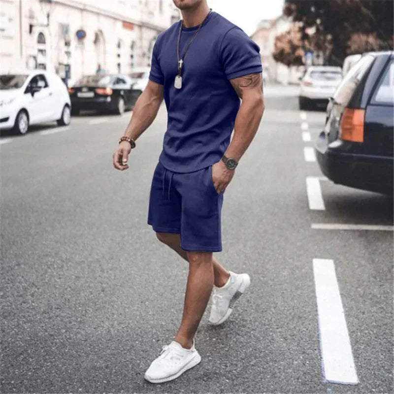 2025 Men's Summer 2PCS Casual Sportswear Suit Sets Solid Fitness Loose Tracksuit Sets Male Short Sleeved Shirts and Shorts Sets
