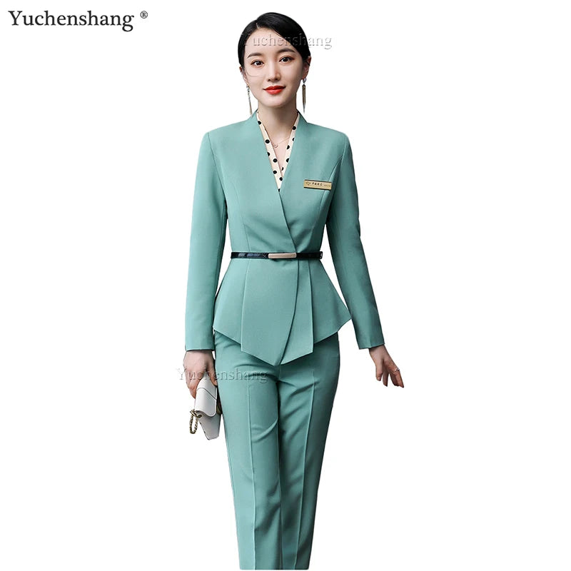 Elegant Ladies Blazer and Skirt Suit Women Green Black Apricot Formal 2 Piece Set High Quality Slim Business Work Wear Clothes